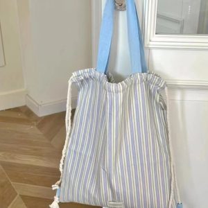 Color-Block Striped Canvas Shoulder Tote Bag - Stylish Drawstring Backpack for Commuting and Everyday Use