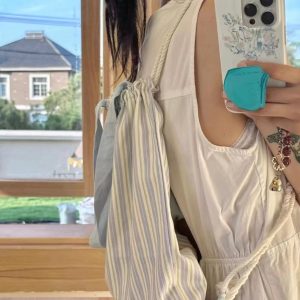 Color-Block Striped Canvas Shoulder Tote Bag - Stylish Drawstring Backpack for Commuting and Everyday Use