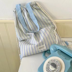 Color-Block Striped Canvas Shoulder Tote Bag - Stylish Drawstring Backpack for Commuting and Everyday Use