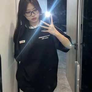 Color-Block Striped Heavy Shoulder Short Sleeve T-Shirt for Girls - American High Street Style, Trendy 2025 Fashion for Teens