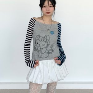 Color-Block Striped Long Sleeve Top with One-Word Collar - Lightweight Summer Fashion for Cool Girls