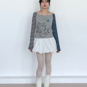 Color-Block Striped Long Sleeve Top with One-Word Collar - Lightweight Summer Fashion for Cool Girls