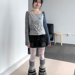 Color-Block Striped Long Sleeve Top with One-Word Collar - Lightweight Summer Fashion for Cool Girls