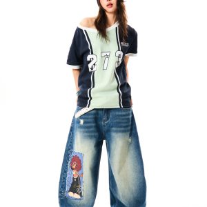 Color-Block V-Neck Short-Sleeve T-Shirt for Women - American-Style Letter Print, Summer Casual Loose Sports Top