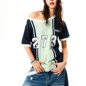 Color-Block V-Neck Short-Sleeve T-Shirt for Women - American-Style Letter Print, Summer Casual Loose Sports Top