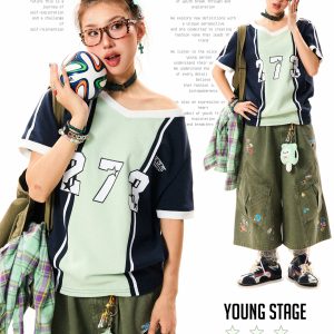 Color-Block V-Neck Short-Sleeve T-Shirt for Women - American-Style Letter Print, Summer Casual Loose Sports Top