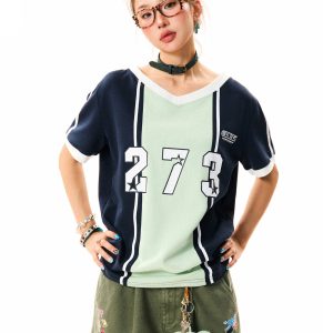 Color-Block V-Neck Short-Sleeve T-Shirt for Women - American-Style Letter Print, Summer Casual Loose Sports Top