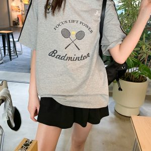 Color-Block Woven Strap Sports T-Shirt for Women - American Style Summer Top, Loose Fit, Slimming Design, Trendy Casual Wear