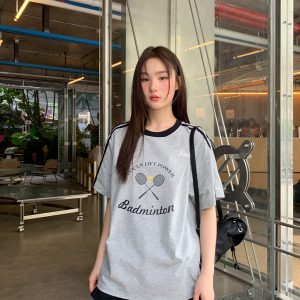 Color-Block Woven Strap Sports T-Shirt for Women - American Style Summer Top, Loose Fit, Slimming Design, Trendy Casual Wear