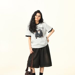 Color-Blocked American Retro Short Sleeve T-Shirt for Women - Trendy Summer Top for Small Dogs - Casual Fashion