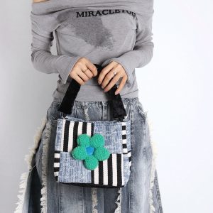 Color-Blocked Floral Handbag - Patchwork Denim Tote Bag, Large Capacity Crossbody Bucket Bag for Autumn/Winter Fashion
