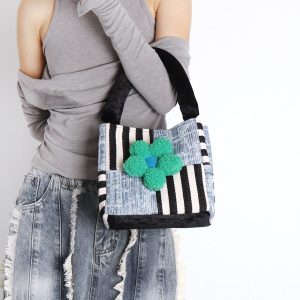 Color-Blocked Floral Handbag - Patchwork Denim Tote Bag, Large Capacity Crossbody Bucket Bag for Autumn/Winter Fashion