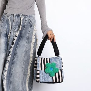 Color-Blocked Floral Handbag - Patchwork Denim Tote Bag, Large Capacity Crossbody Bucket Bag for Autumn/Winter Fashion