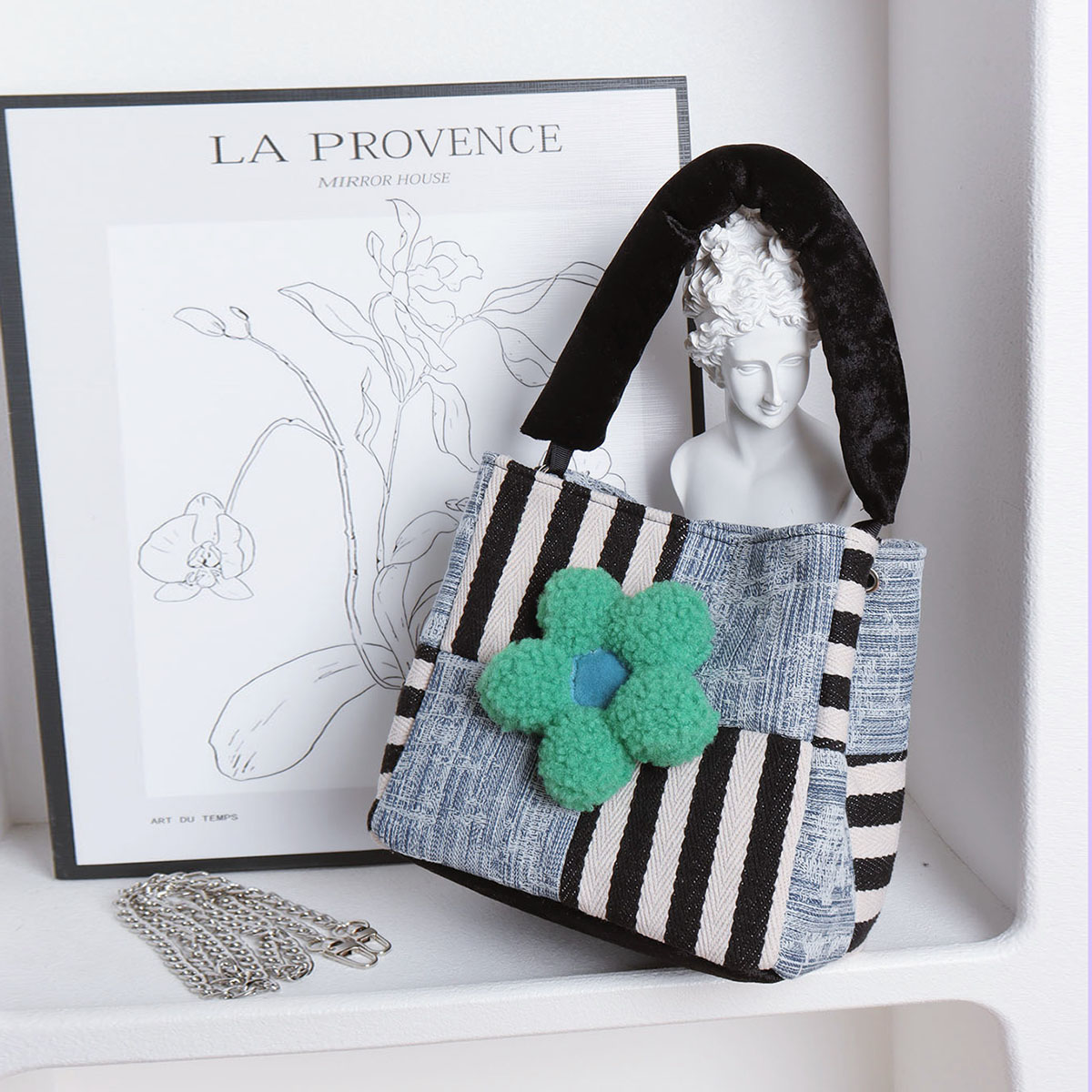 Color-Blocked Floral Handbag - Patchwork Denim Tote Bag, Large Capacity Crossbody Bucket Bag for Autumn/Winter Fashion