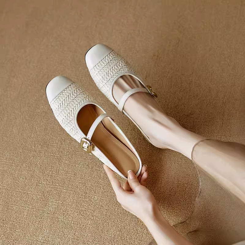 Color-Blocked Genuine Leather and Straw Woven Half-Drag Sandals for Women - Casual Height-Increasing Summer Fashion Footwear