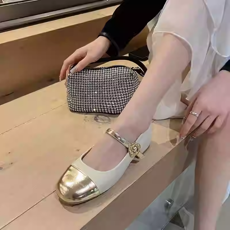 Color-Blocked Genuine Leather Mary Jane Shoes for Women - Mid-Heel Chunky Flats for Spring & Summer Fashion