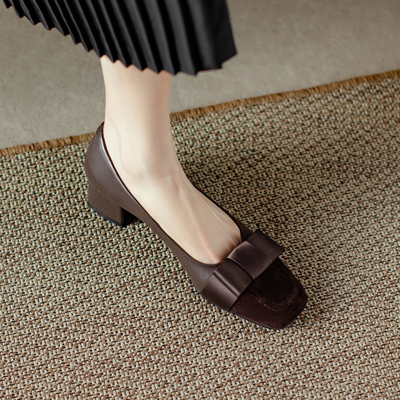 Color-Blocked High Heels for Women - Vintage Mid-Heel with Chunky Heel and Bowknot - Spring Autumn Style