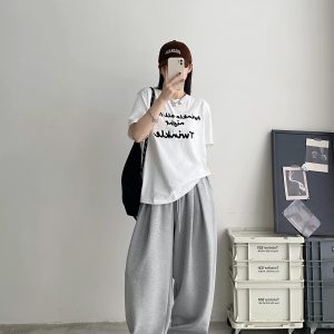 Color-Blocked Letter Embroidery Round Neck Short Sleeve T-Shirt for Women - Summer Loose Fit Slimming Korean Style Top