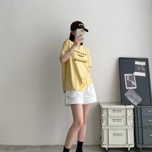 Color-Blocked Letter Embroidery Round Neck Short Sleeve T-Shirt for Women - Summer Loose Fit Slimming Korean Style Top