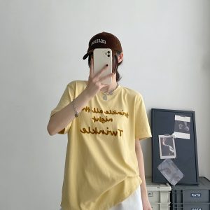 Color-Blocked Letter Embroidery Round Neck Short Sleeve T-Shirt for Women - Summer Loose Fit Slimming Korean Style Top