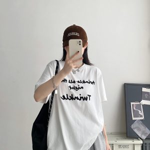 Color-Blocked Letter Embroidery Round Neck Short Sleeve T-Shirt for Women - Summer Loose Fit Slimming Korean Style Top