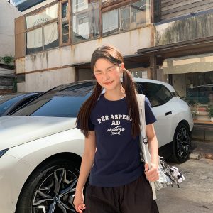 Color-Blocked Letter Printed Slim Fit Short Sleeve T-Shirt for Women - Casual Summer 2025 Round Neck Top, Trendy Everyday Wear