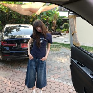 Color-Blocked Letter Printed Slim Fit Short Sleeve T-Shirt for Women - Casual Summer 2025 Round Neck Top, Trendy Everyday Wear