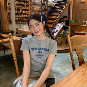 Color-Blocked Letter Printed Slim Fit Short Sleeve T-Shirt for Women - Casual Summer 2025 Round Neck Top, Trendy Everyday Wear