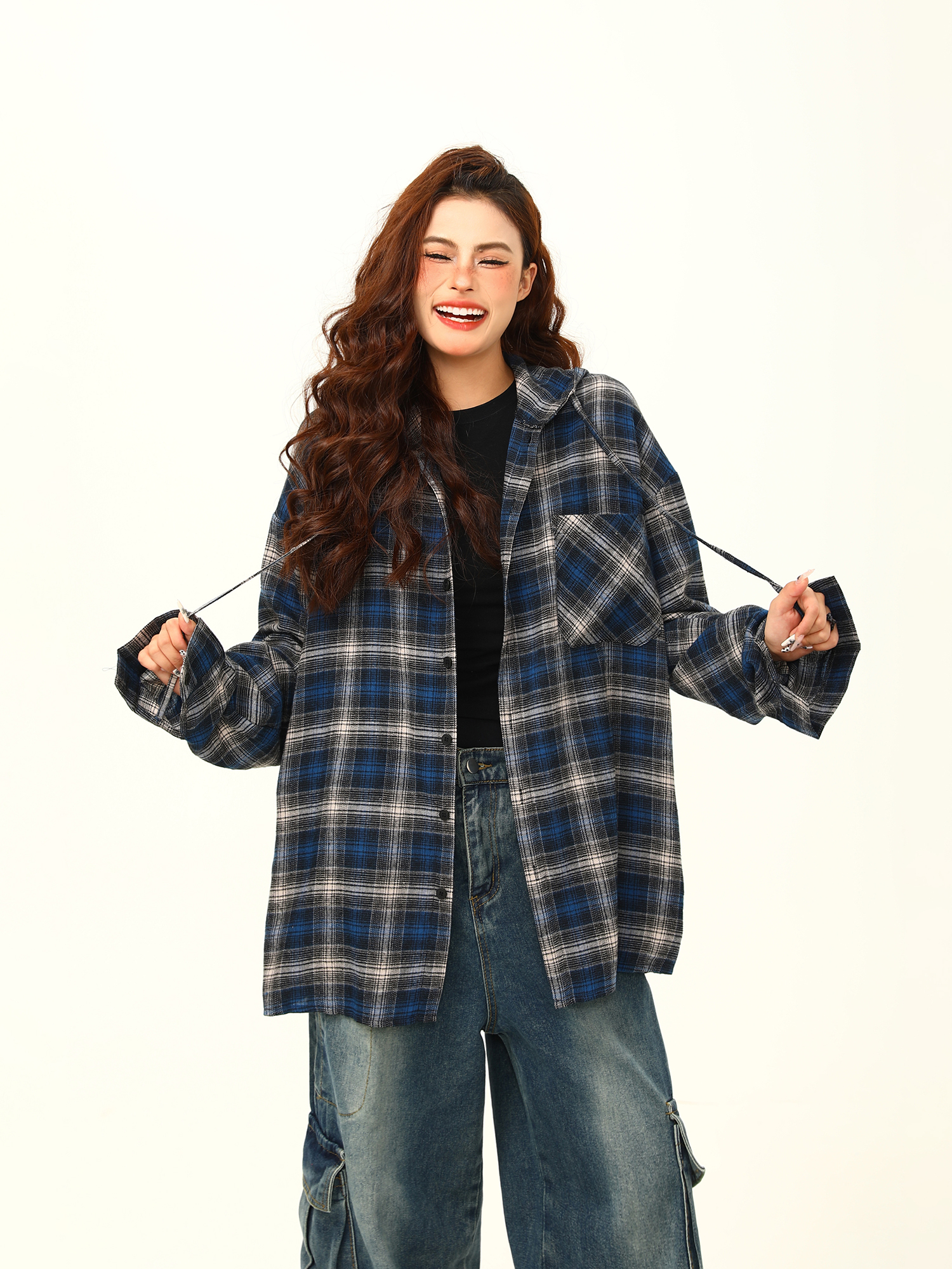 Color-Blocked Plaid Hooded Long Sleeve Shirt for Women - Retro 90s Street Style Loose Fit Trendy Top Color-Blocked Plaid Hooded Long Sleeve Shirt for Women - Retro 90s Street Style Loose Fit Trendy Top