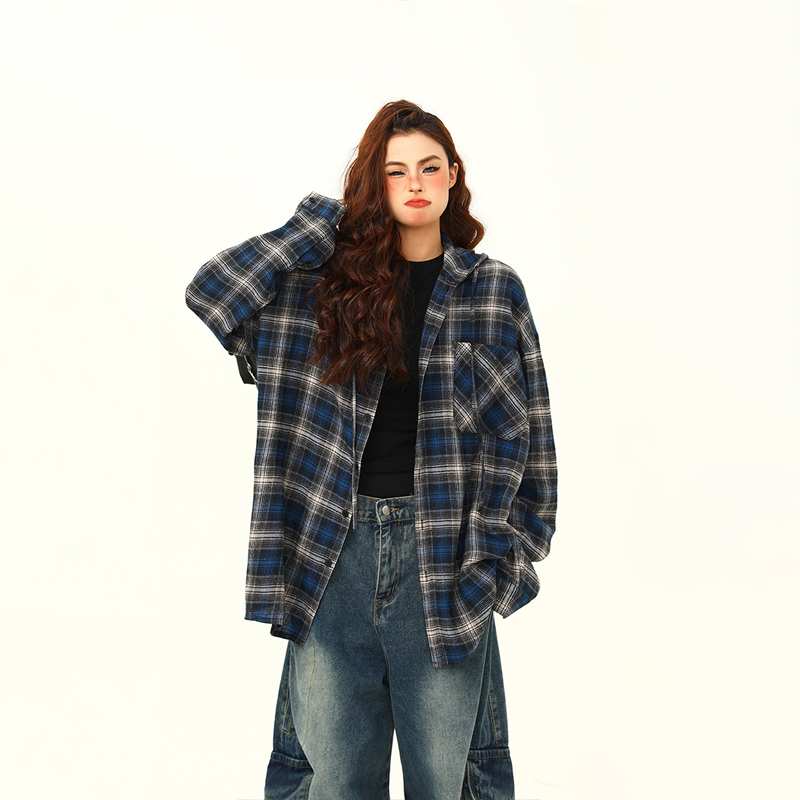 Color-Blocked Plaid Hooded Long Sleeve Shirt for Women - Retro 90s Street Style Loose Fit Trendy Top