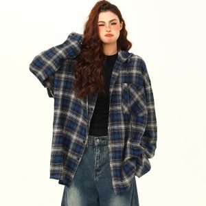 Color-Blocked Plaid Hooded Long Sleeve Shirt for Women - Retro 90s Street Style Loose Fit Trendy Top