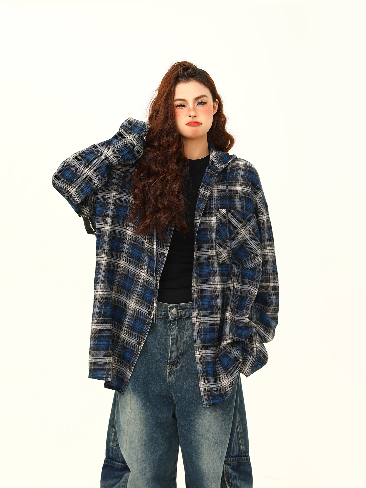 Color-Blocked Plaid Hooded Long Sleeve Shirt for Women - Retro 90s Street Style Loose Fit Trendy Top Color-Blocked Plaid Hooded Long Sleeve Shirt for Women - Retro 90s Street Style Loose Fit Trendy Top