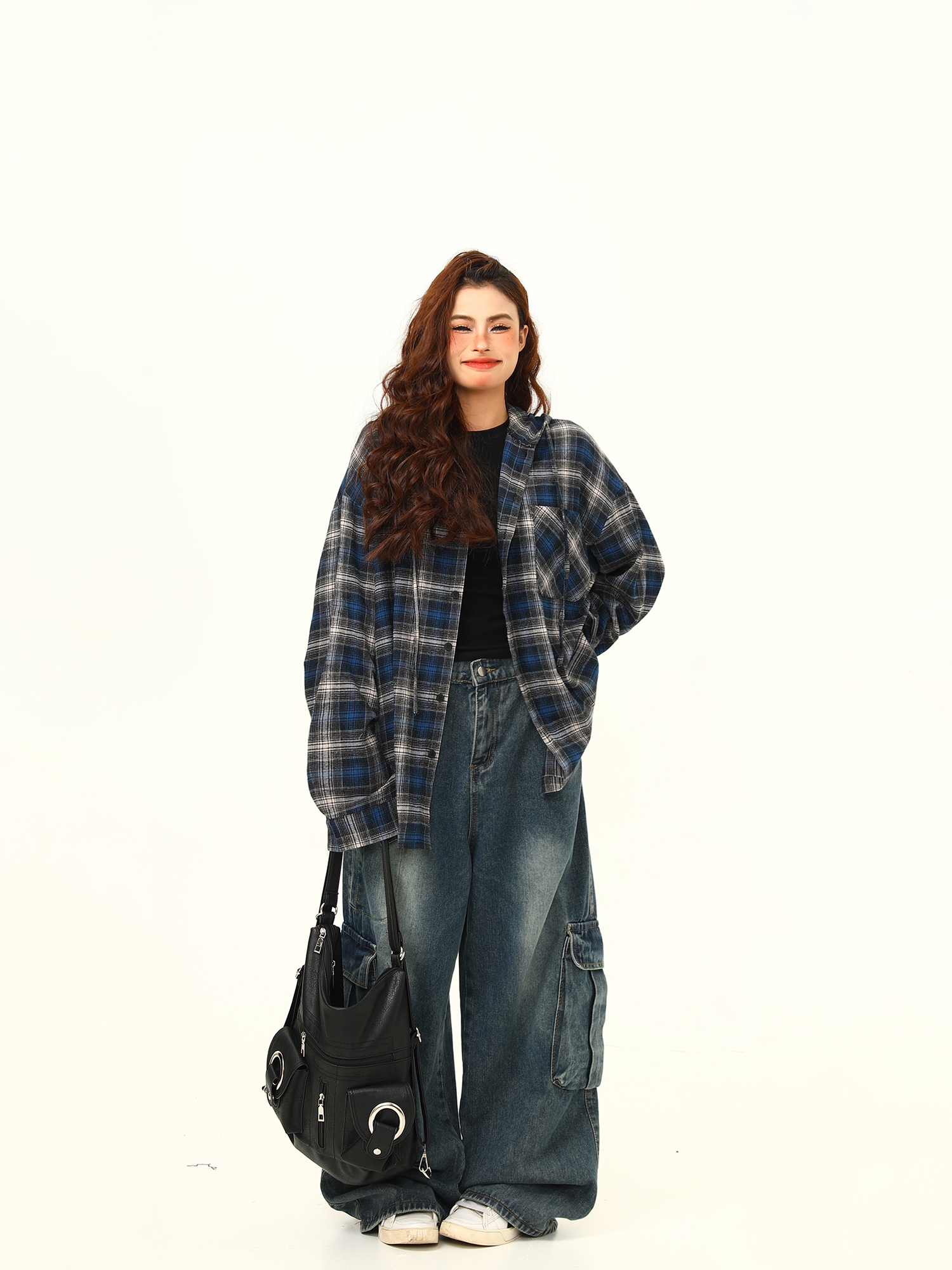 Color-Blocked Plaid Hooded Long Sleeve Shirt for Women - Retro 90s Street Style Loose Fit Trendy Top Color-Blocked Plaid Hooded Long Sleeve Shirt for Women - Retro 90s Street Style Loose Fit Trendy Top