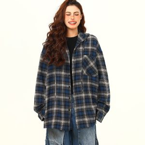 Color-Blocked Plaid Hooded Long Sleeve Shirt for Women - Retro 90s Street Style Loose Fit Trendy Top