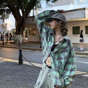 Color-Blocked Plaid Long Sleeve Shirt Jacket for Men and Women - Retro Loose-Fit, Versatile Spring Autumn Top with Pockets