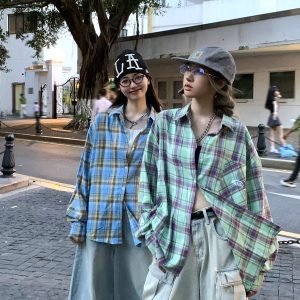 Color-Blocked Plaid Long Sleeve Shirt Jacket for Men and Women - Retro Loose-Fit, Versatile Spring Autumn Top with Pockets