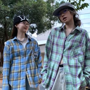 Color-Blocked Plaid Long Sleeve Shirt Jacket for Men and Women - Retro Loose-Fit, Versatile Spring Autumn Top with Pockets