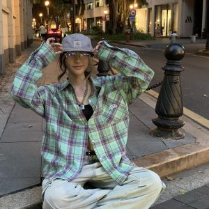 Color-Blocked Plaid Long Sleeve Shirt Jacket for Men and Women - Retro Loose-Fit, Versatile Spring Autumn Top with Pockets