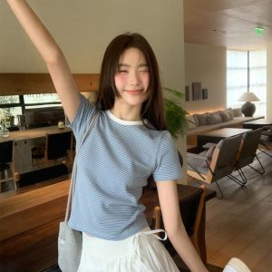 Color-Blocked Round Neck Striped T-Shirt for Women - Summer Casual Short Sleeve Top, Elegant Pure Cotton Blouse, Age-Reducing Style