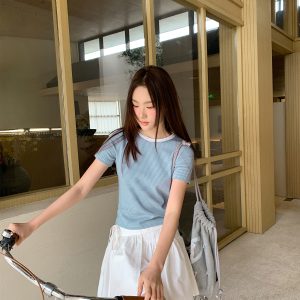 Color-Blocked Round Neck Striped T-Shirt for Women - Summer Casual Short Sleeve Top, Elegant Pure Cotton Blouse, Age-Reducing Style