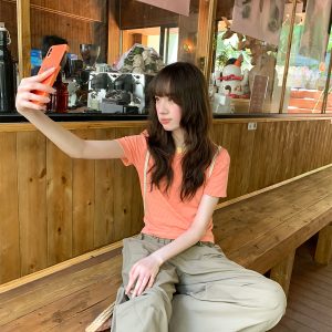 Color-Blocked Round Neck Striped T-Shirt for Women - Summer Casual Short Sleeve Top, Elegant Pure Cotton Blouse, Age-Reducing Style