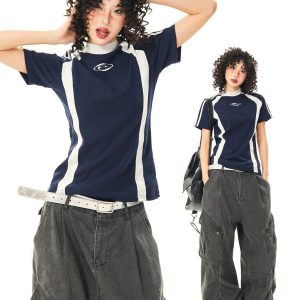 Color-Blocked Short-Sleeve Crop Top for Women - American Retro Slim-Fit Summer T-Shirt