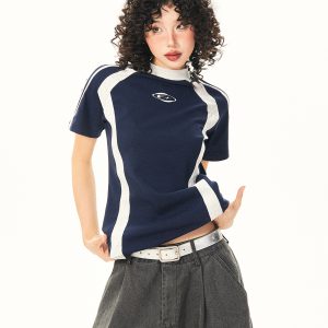 Color-Blocked Short-Sleeve Crop Top for Women - American Retro Slim-Fit Summer T-Shirt