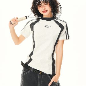 Color-Blocked Short-Sleeve Crop Top for Women - American Retro Slim-Fit Summer T-Shirt