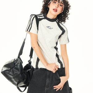 Color-Blocked Short-Sleeve Crop Top for Women - American Retro Slim-Fit Summer T-Shirt