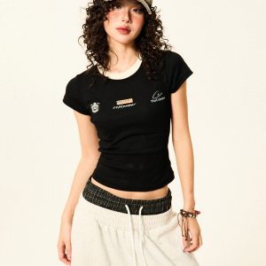 Color-Blocked Short Sleeve T-Shirt for Women - Retro Summer Slim-Fit Cropped Top, Casual 90s Sports Style