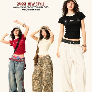 Color-Blocked Short Sleeve T-Shirt for Women - Retro Summer Slim-Fit Cropped Top, Casual 90s Sports Style