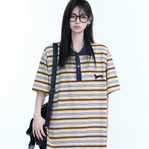 Color-Blocked Striped Polo Shirt for Women - Loose Fit Short Sleeve American College Style T-Shirt