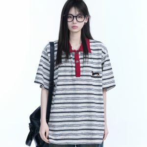 Color-Blocked Striped Polo Shirt for Women - Loose Fit Short Sleeve American College Style T-Shirt