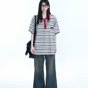 Color-Blocked Striped Polo Shirt for Women - Loose Fit Short Sleeve American College Style T-Shirt